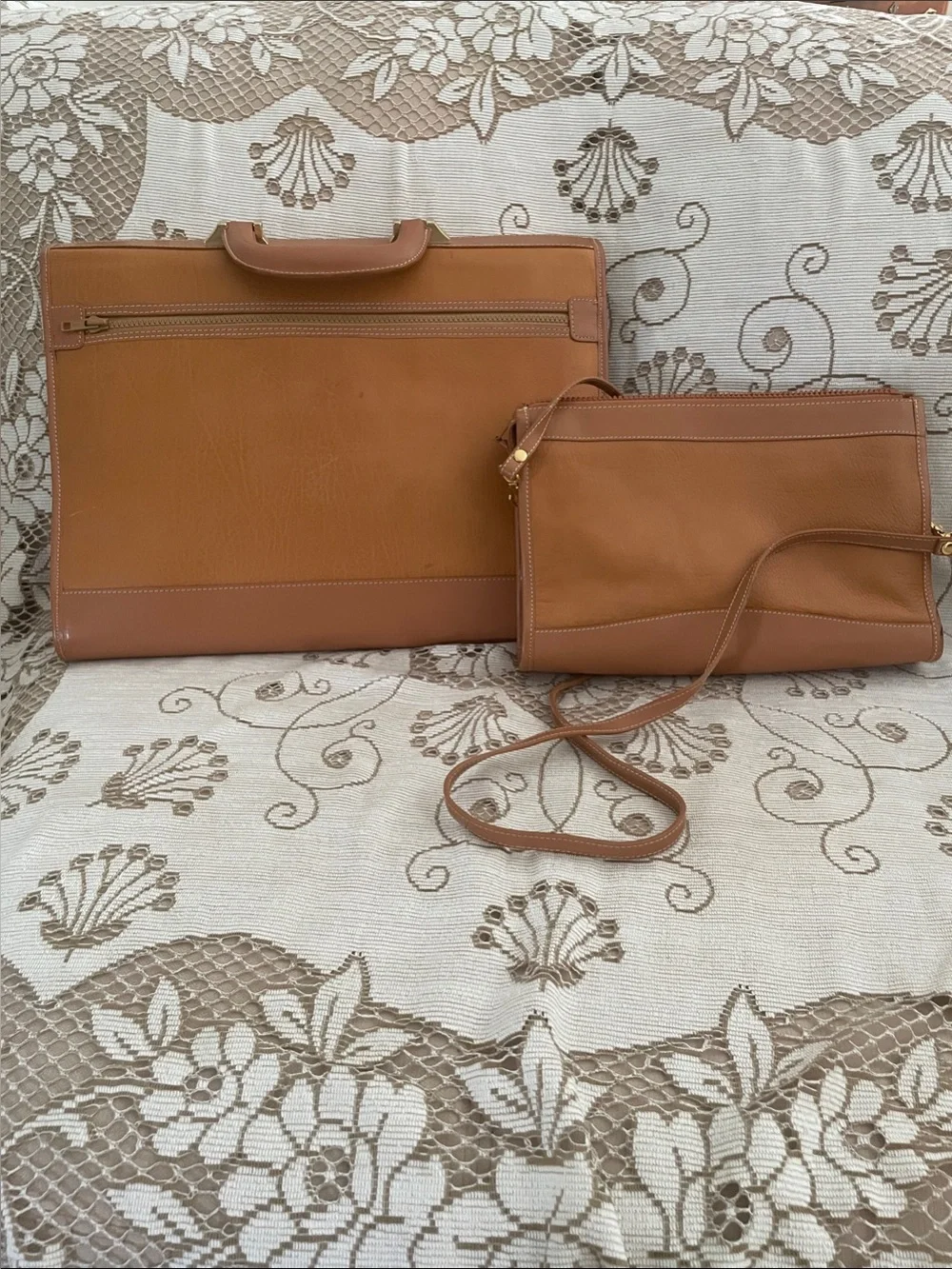 Vintage VANESSA Carmel  2 Piece Set Classic Briefcase Portfolio & Crossbody Tags